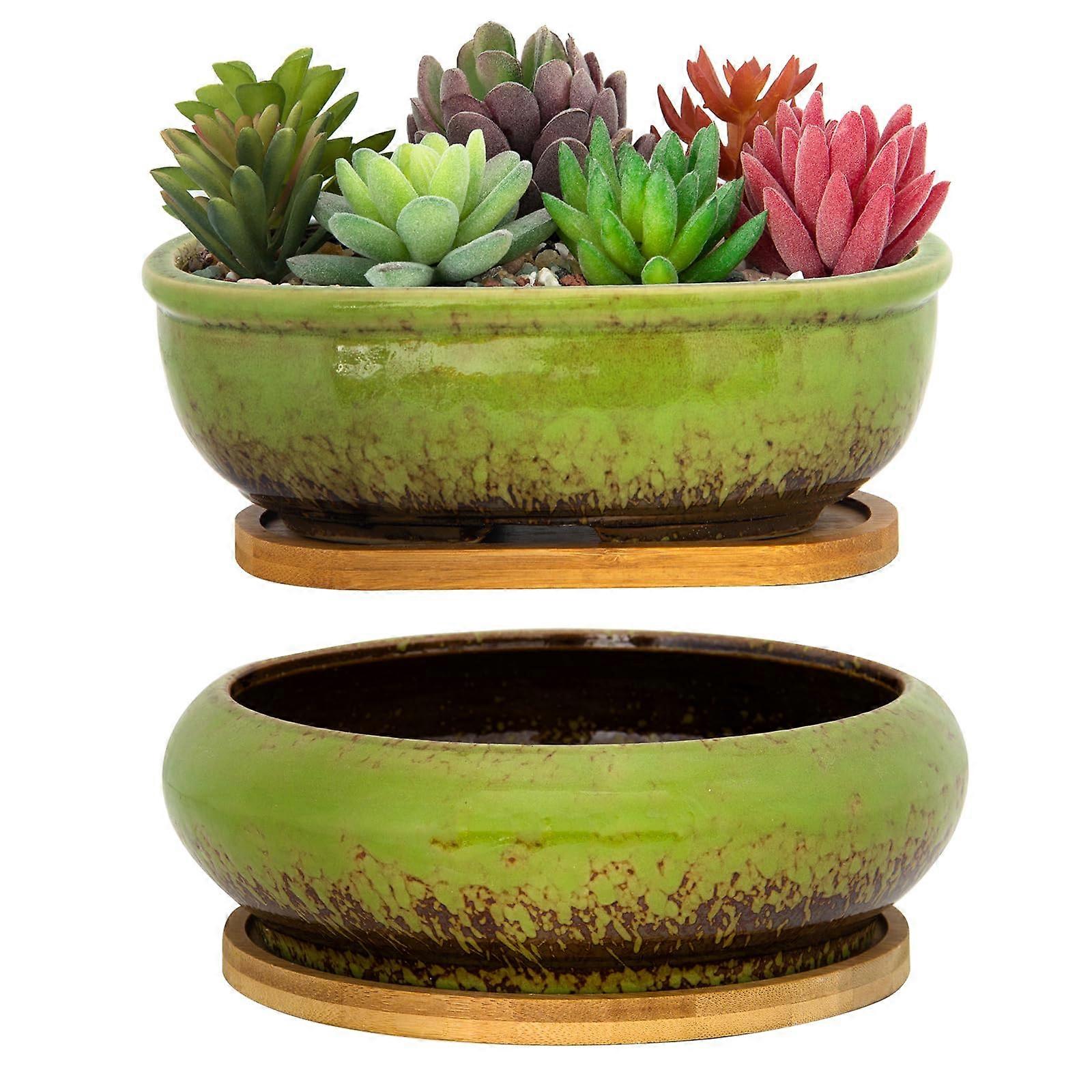 Succulent Pots, 1 Rectangle Planter  1 Ceramic Bonsai Pot with Drain Tray, 2 Pack