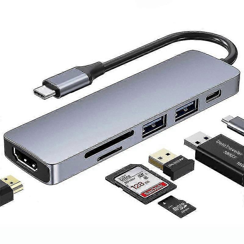6 In1 Type-c Hub Usb-c-sovitin Hdmi 4k Multiport -kortinlukija Dual Macbook Prolle