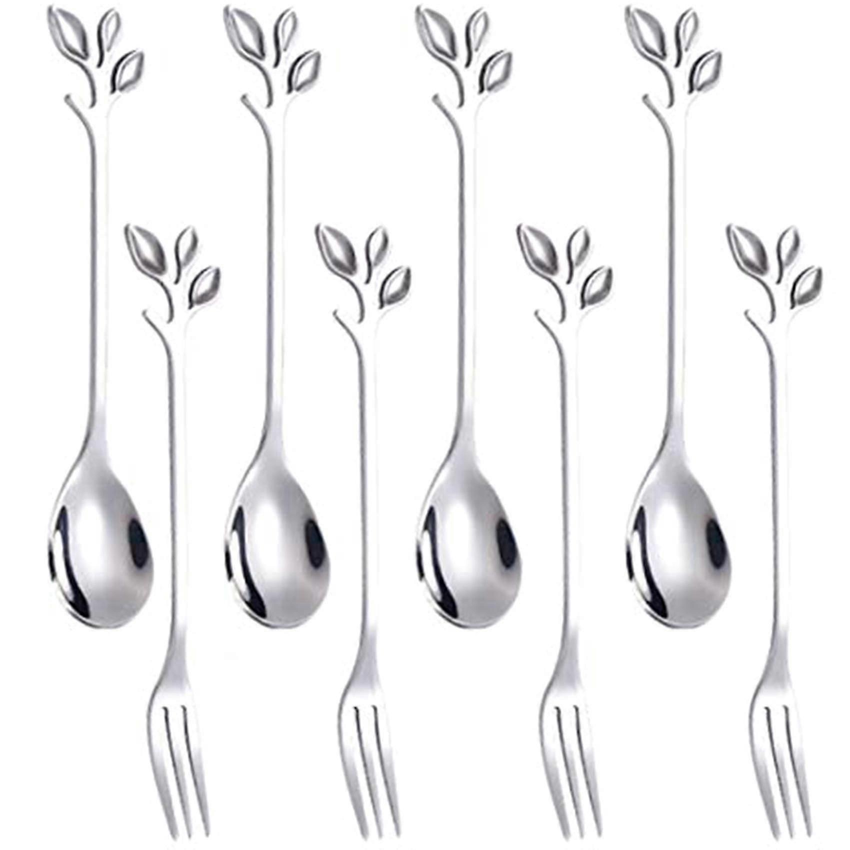 16pcs Dessert Spoon And Fork Set Cake Fork Coffee Spoon Creative Fruit Fork Stainless Steel -silver