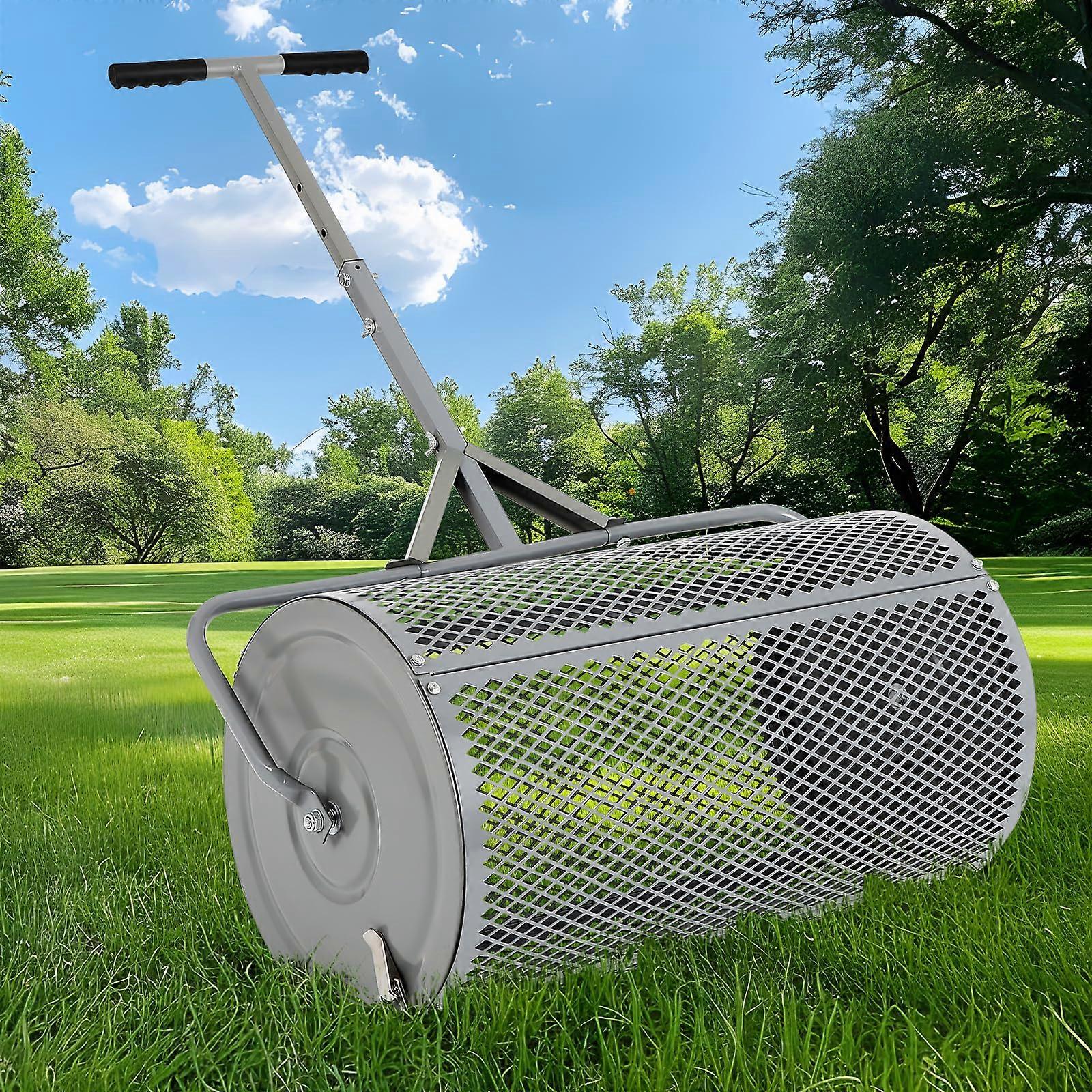Compost Spreader, 27 Inch Metal Roller Spreader with Adjustable Handle, Heavy Duty Fertilizer Spreader for Lawn and Garden, Gray