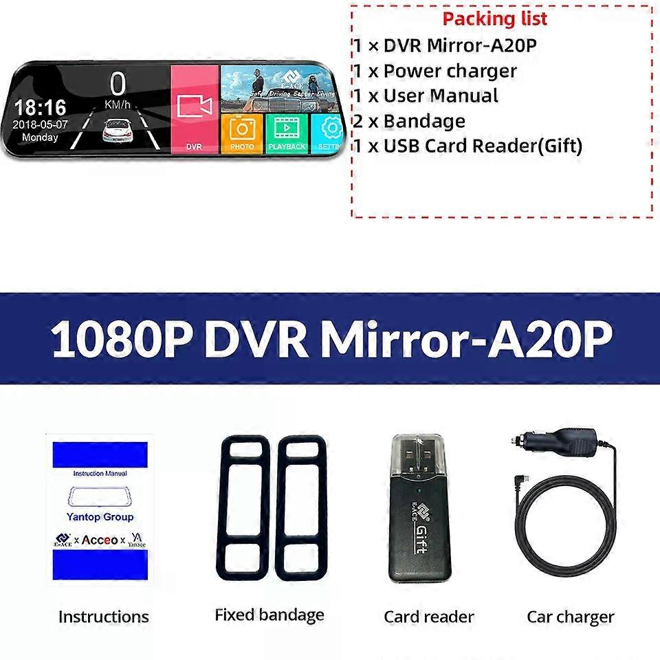E-ACE 10 Inch Car DVR Mirror Video Recorder 1080P Touch Screen Dashcam compatible for Car AHD Lens Streaming Driving Recorder Dash Camera