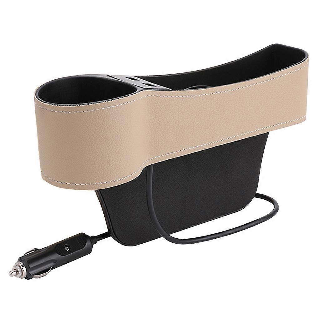 Car Seat Gap Organizer with USB Charger & Cup Holder in Elegant Beige – Keeps Driver Side Tidy and Adds Storage Space for Essentials