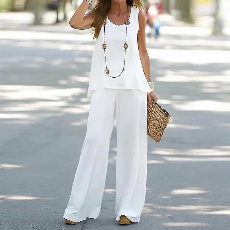 Summer Casual Women's Printed Sleeveless Top Elastic High-waisted Trousers Two Sets