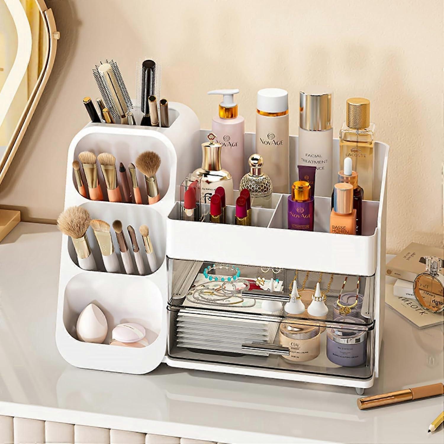 Makeup Organiser with Drawers for Vanity - White Spacious Cosmetic Display Case, Stylish Storage Solution for Beauty Essentials