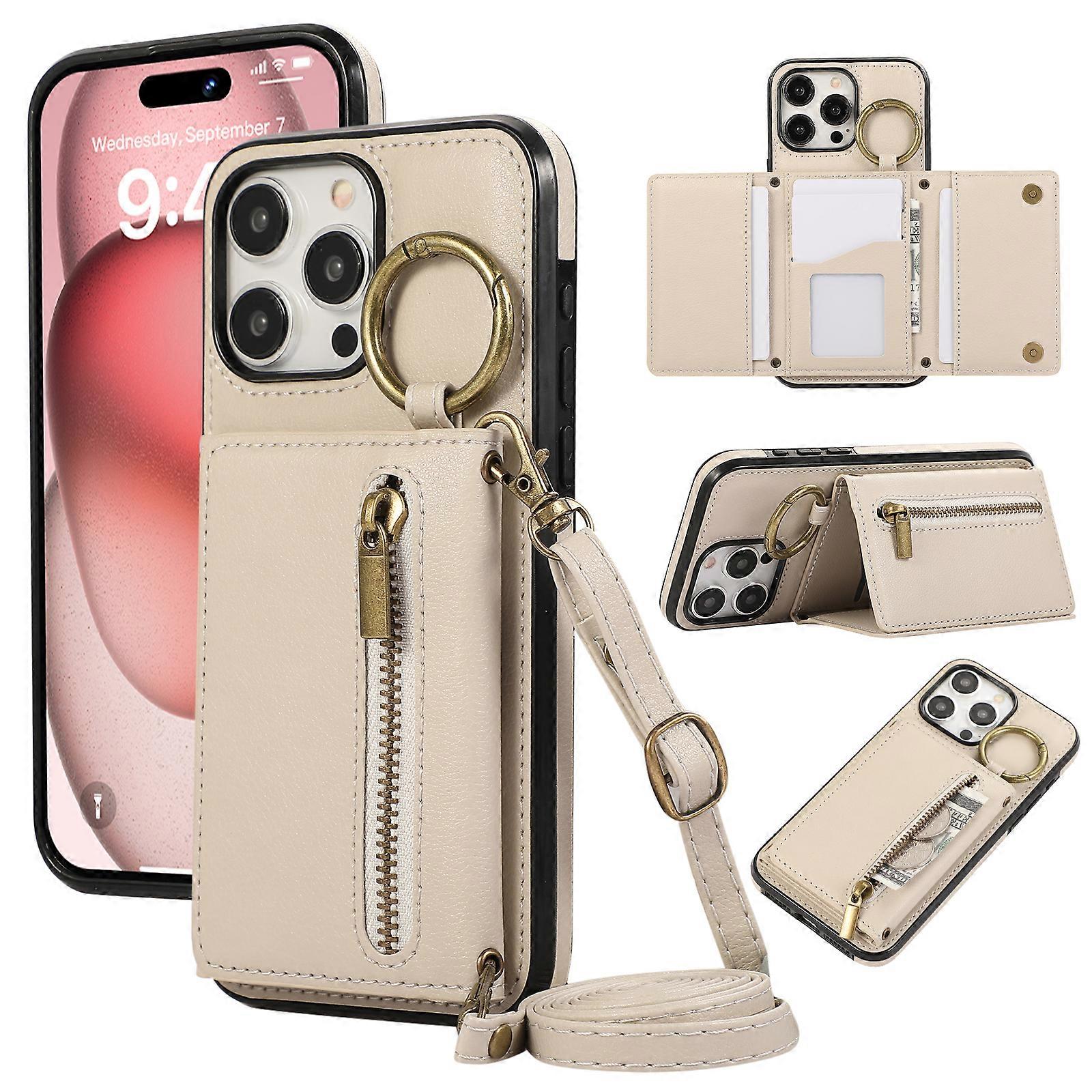 غطاء حافظات لهاتف iPhone 15 Pro Max جلد جلد غطاء خلفي بسحاب محفظة مسند هاتف مع حزام كتف - بيج