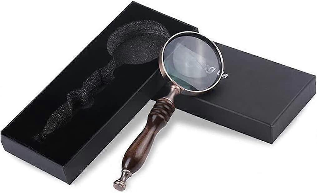 10X Handheld Magnifier with Detachable Wooden Handle for Reading Books, Inspecting Coins, Insects, and Maps, Brown Glasses
