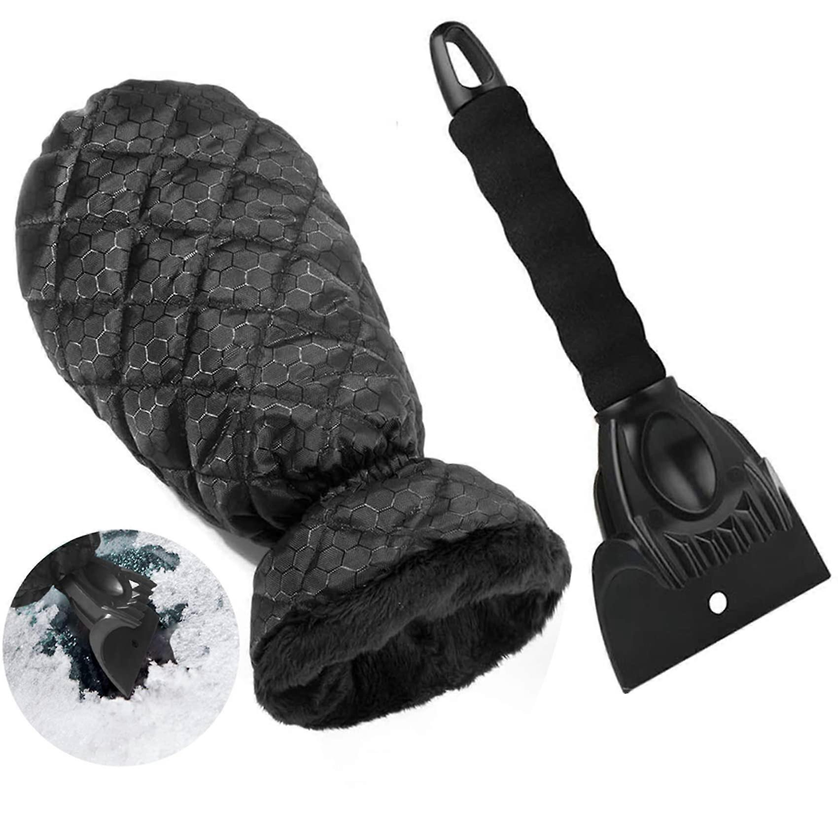 Ice Scraper with Glove, Black Professional Ice Scraper and Velour Lined Car Ice Scraper Glove for Winter Use
