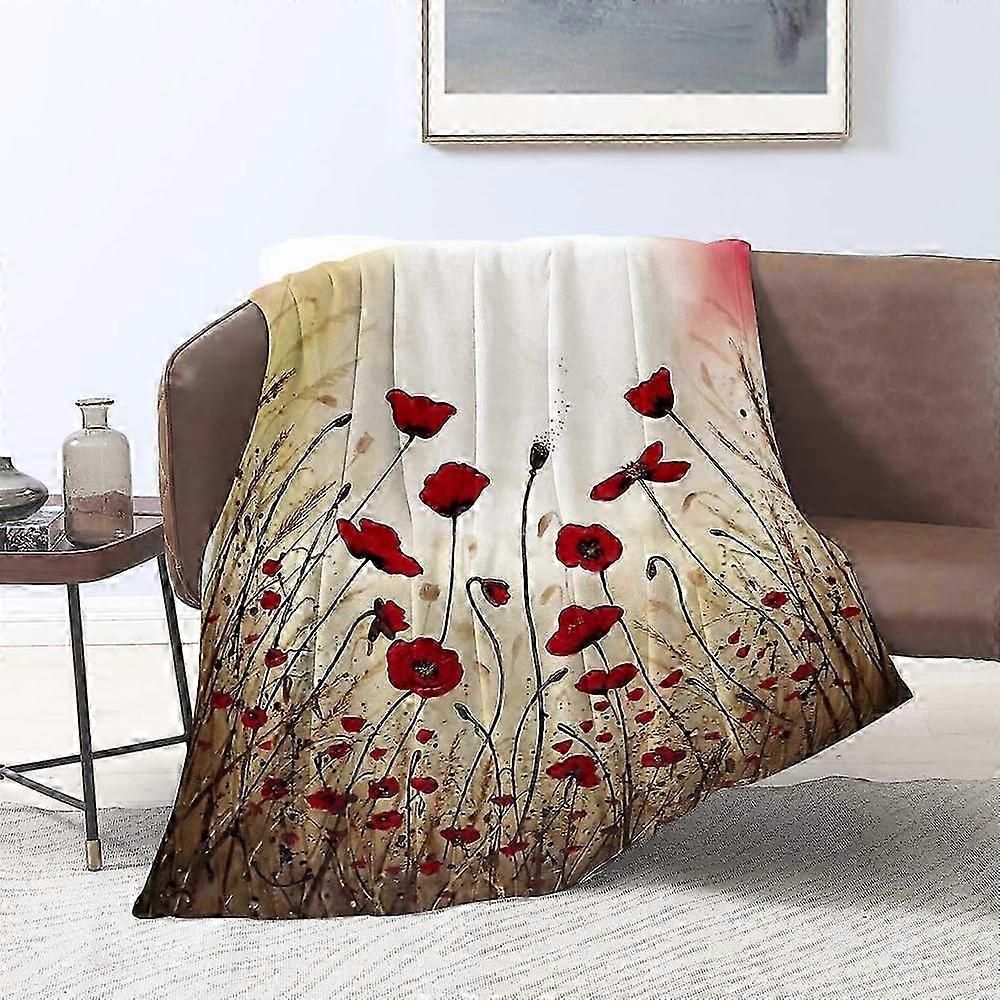 2025 flannel Blankets,Red Poppies on The Field in The Sky,Throws for Sofa Fluffy Blanket Bed Throw f Bedroom,Couch,Bedroom Accessories 51x59 in