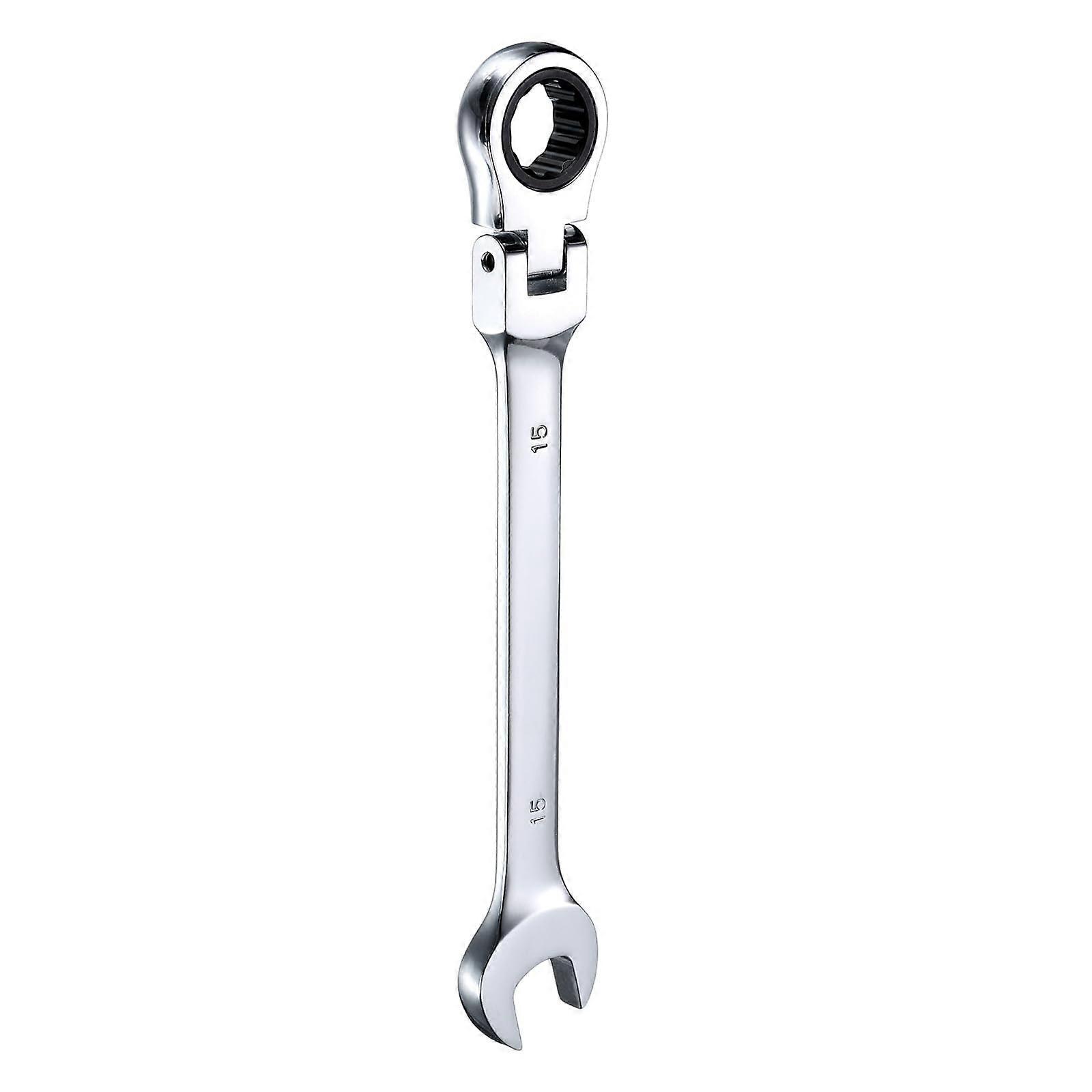 Flex Head Ratchet Wrench 15mm 180° Rotating 72-Tooth Chrome Vanadium Steel Open End Combination Tool for Nuts and Bolts