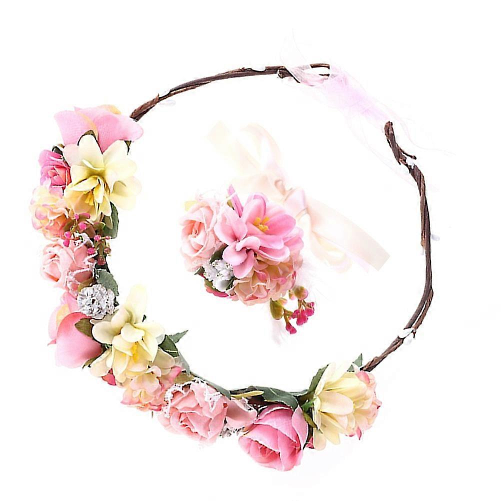 Pink Floral Headband and Wristband Set with Realistic Flower Design for Decoration Cloth Material Fits Most Heads