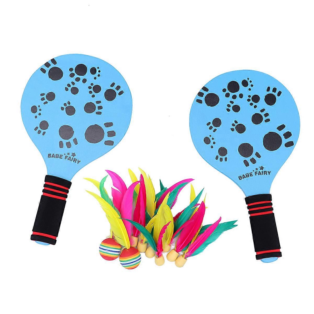 Blue Plastic Beach Paddle Set with Wooden Racket for Kids Playing on Lawn Garden or Backyard 3.5in x 5.2in