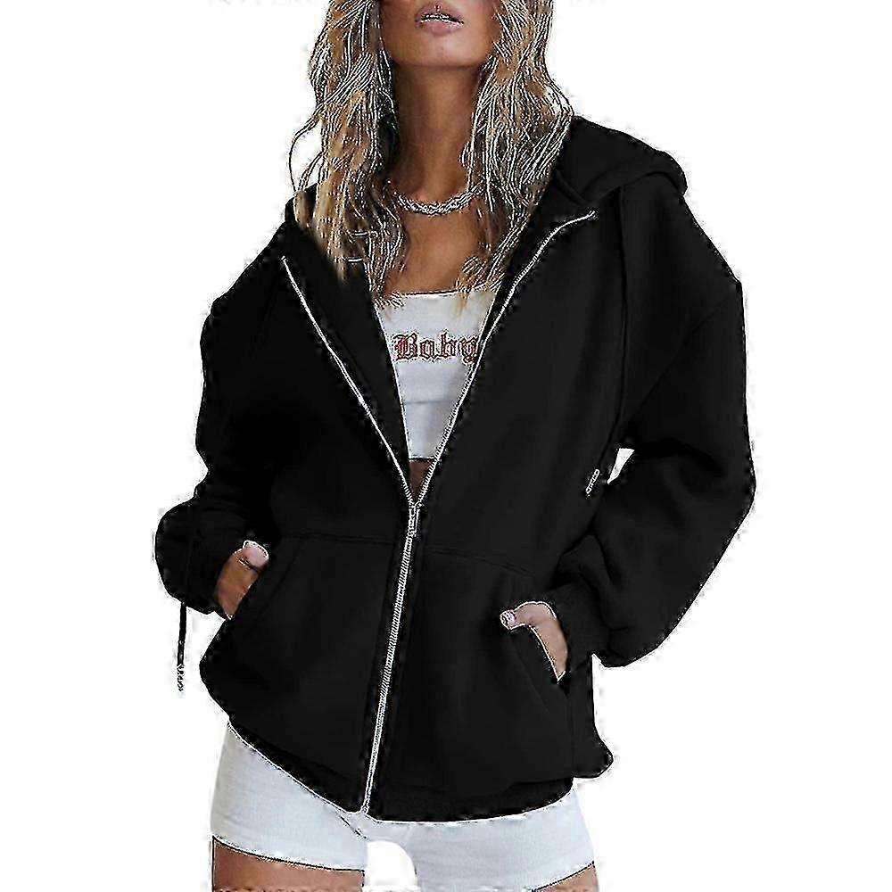 Women's Casual Loose Long Sleeve Hooded Jacket with Full Zipper and Drawstring - Ideal for European Market