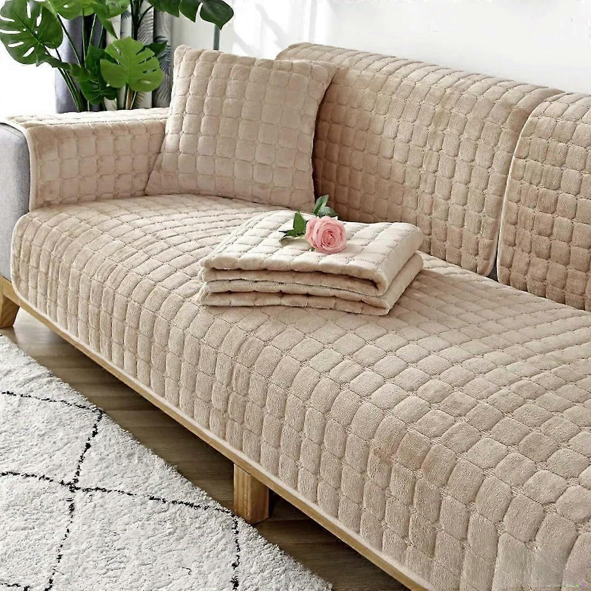 Sofa Cushion Winter Anti Slip Plush Seat Cushion Cover Autumn and Winter Plush Sofa Cushion Khaki 70*90cm