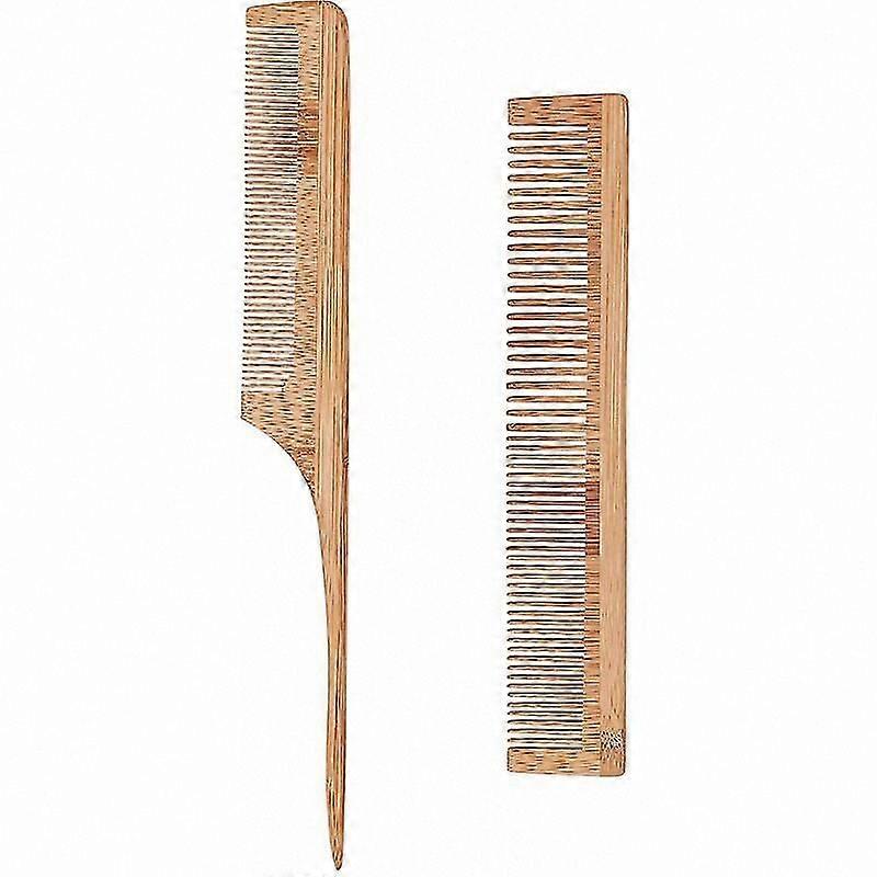 Bamboo Hair and Beard Comb Set - 2pc Anti-Static Kit with Coarse and Fine Teeth, Ergonomic Needle Handle Design for Men & Women