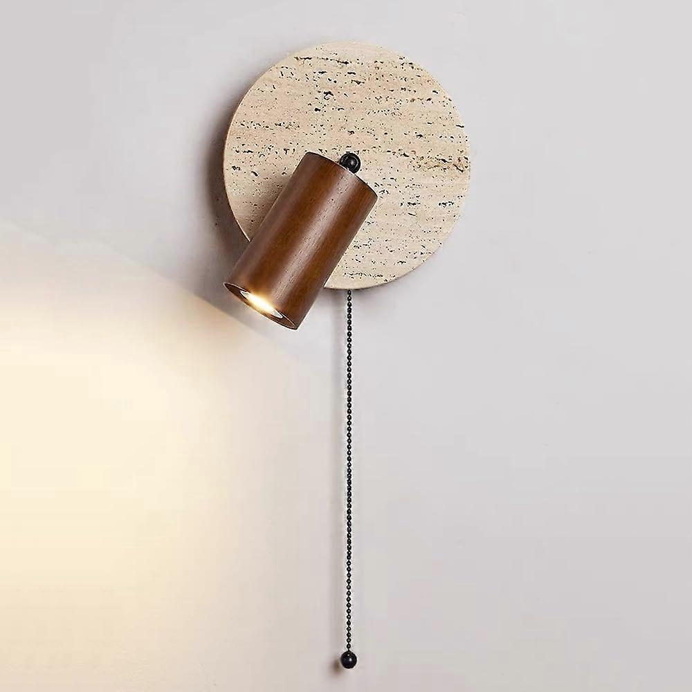 Yellow Travertine Wall Sconce Round Hardwired Reading Light With Pull Switch Modern Adjustable Solid Wood E27 Walnut