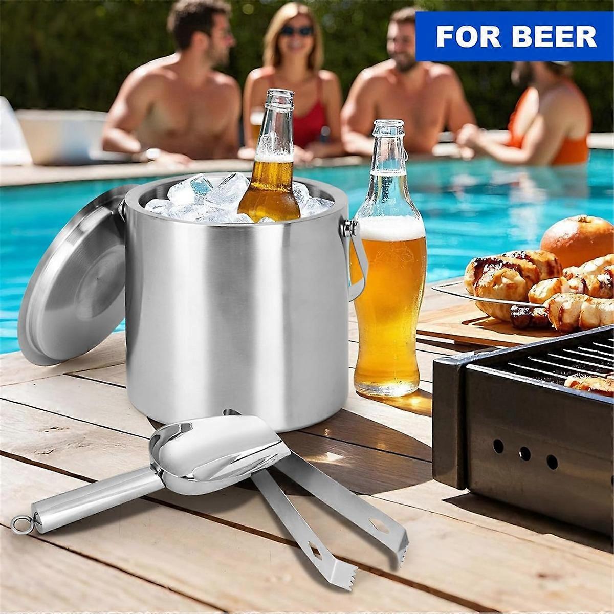 Portable Ice Buckets for Parties 3 Liter Double-Wall Ice Bucket with Lid,Scoop,Tongs, Stainless Steel Ice Container