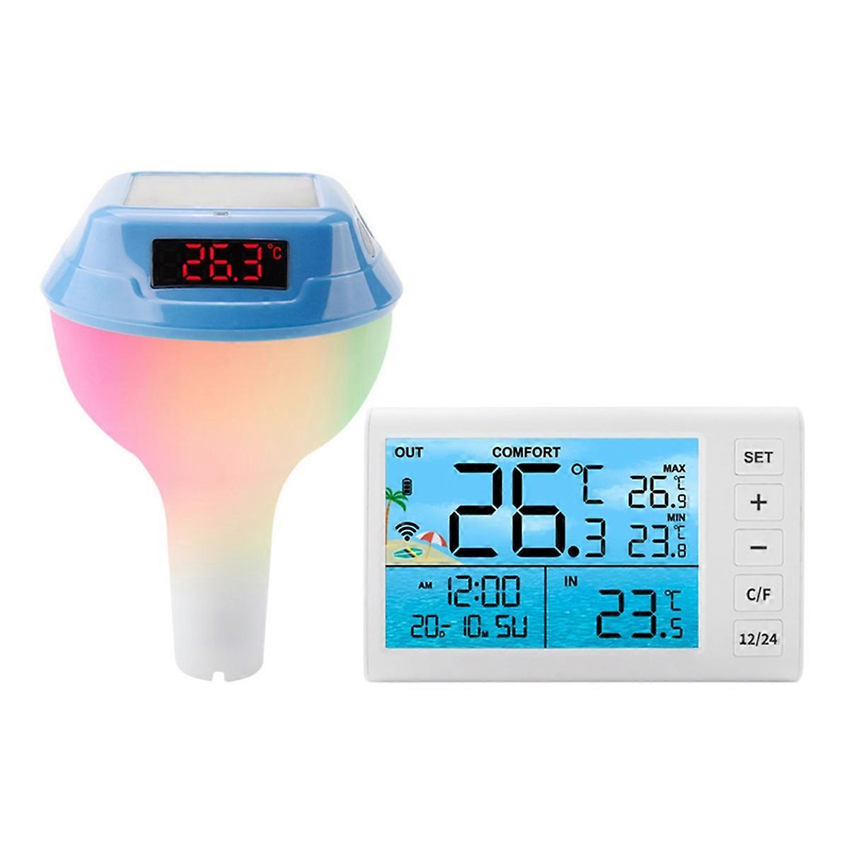 Solar Powered Pool Thermometer with RGB Atmosphere Light Intelligent Outdoor LED Digital Water Thermometer Blue
