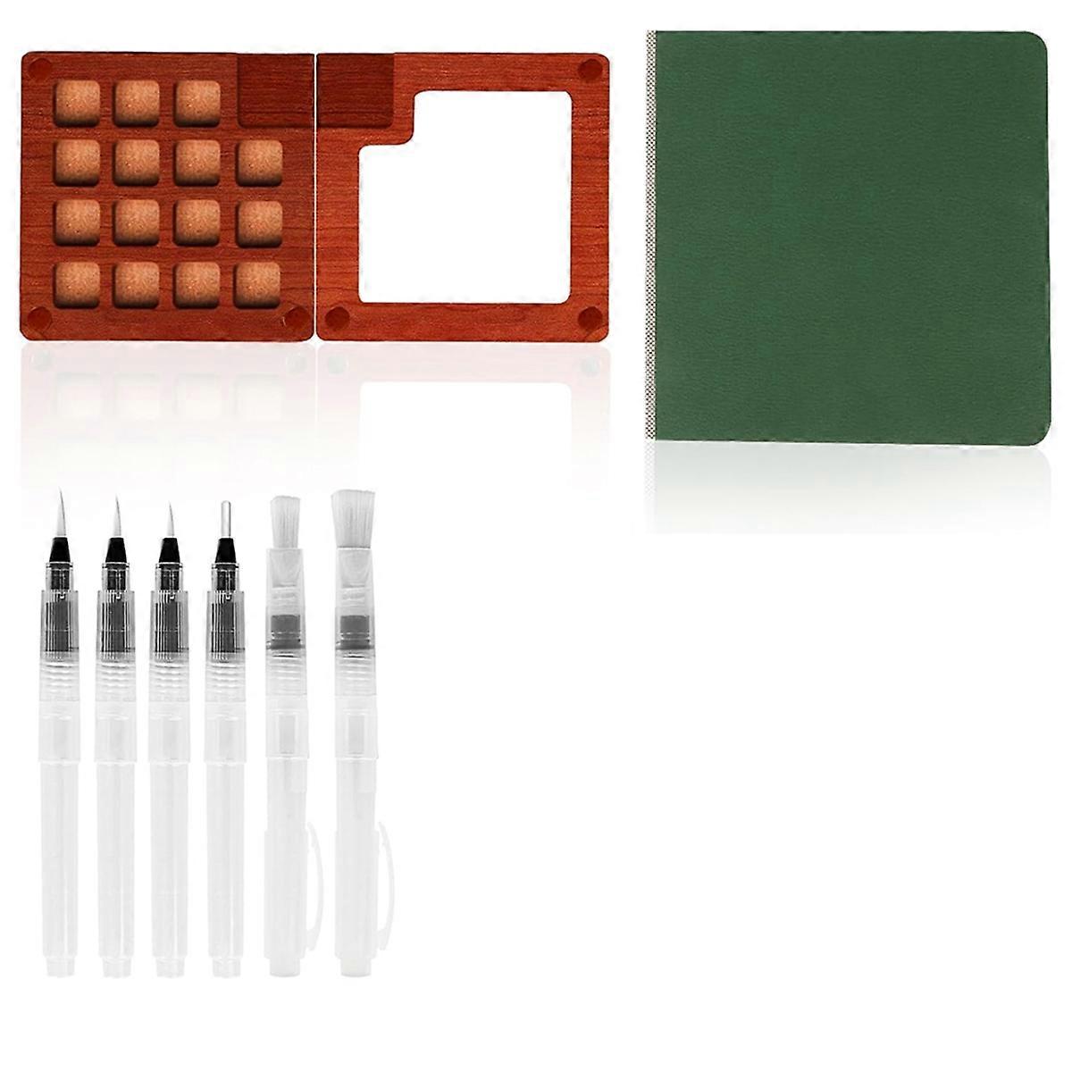 Mini Watercolor Paint Set with 15 Grid Wooden Palette & Brush Pens