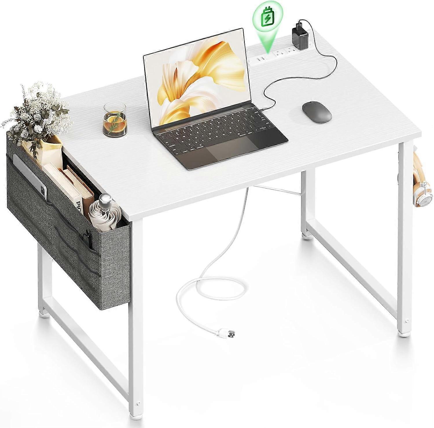 32 inch Small Computer Desk with Power Outlet, Teen Study Table Home Office Work Writing Desks with Charging Station Outlets Built in, White