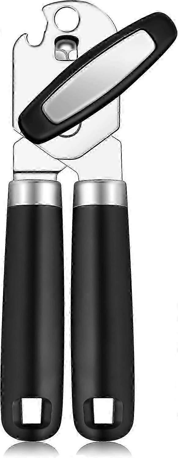 Can Opener Manual Handheld Strong Manual Can Opener Smooth Edge Cut, Can Opener Heavy Duty, Comfortable Soft Handle, Built-in Bottle Opener, Black