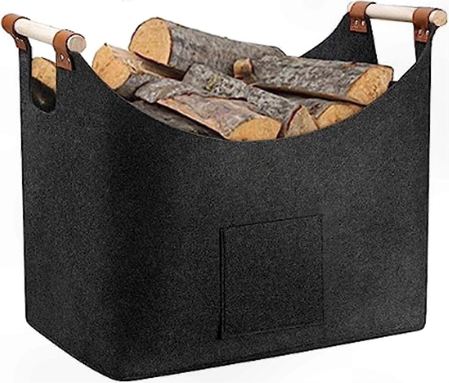Large Felt Log Basket with Non-Slip Handles and Storage Pocket for Fireplace Wood