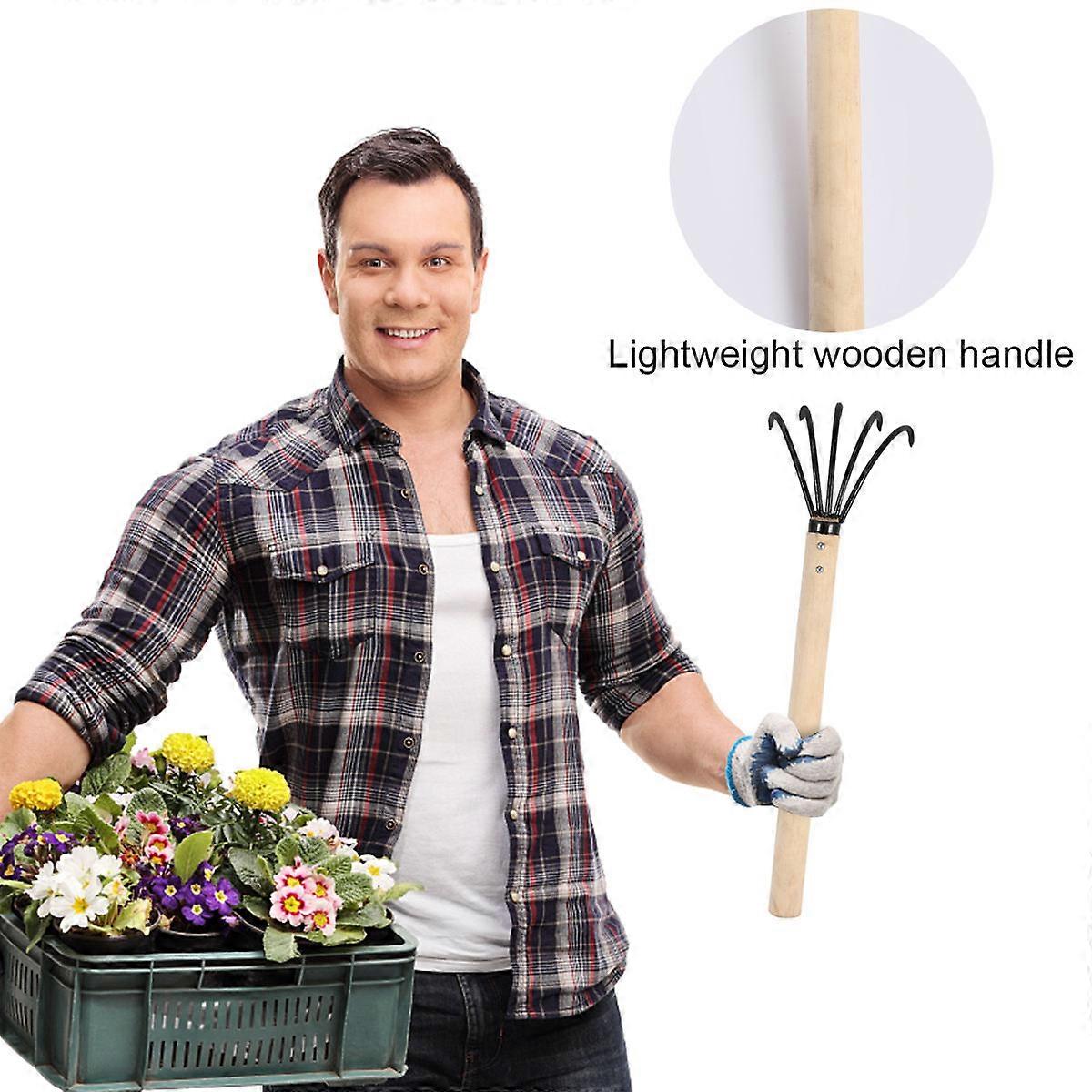 Garden Tool Five-Teeth Rake Wooden Handle Rake for Home Use 2Pcs