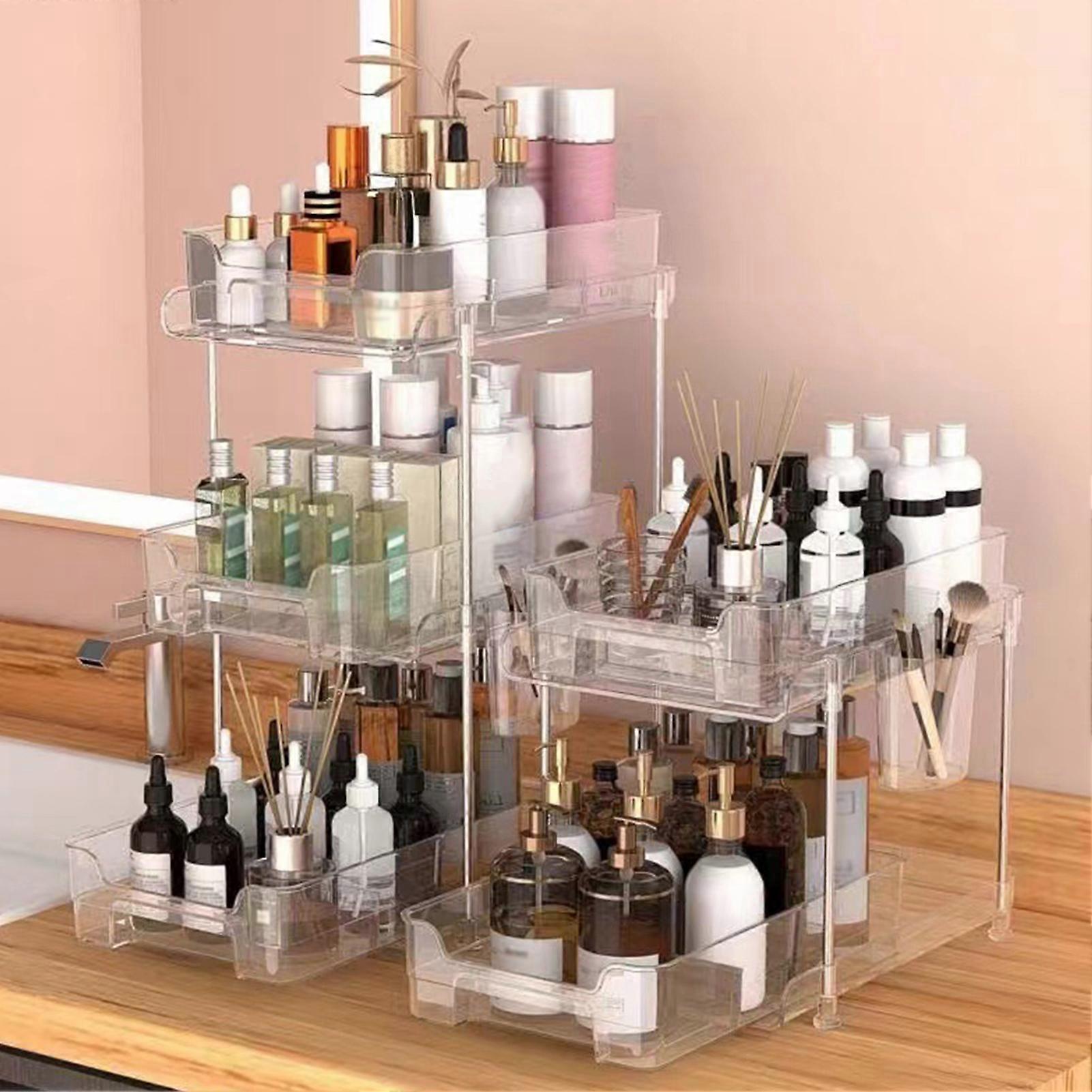 SUSUchens Storage Rack Clear Slide-Out Organizer Tray Multi-Purpose Durable Transparent Plastic Cosmetics Household Kitchen Storage Dual Layer