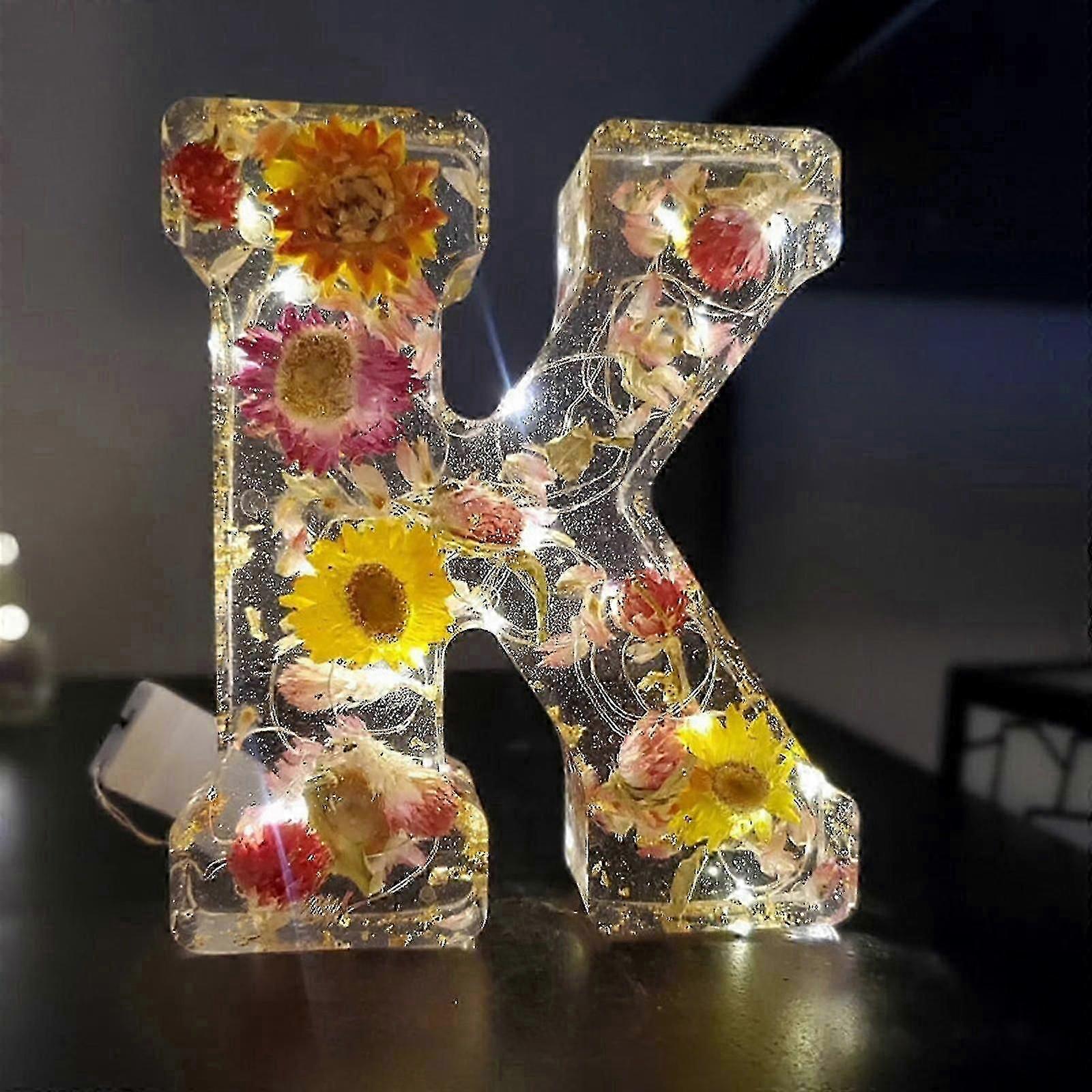 رسائل راتنج زهرة مضغوطة مع ضوء LED ، ضوء الليل الراتنج الزهري 26 حرفا ، عرض 50٪