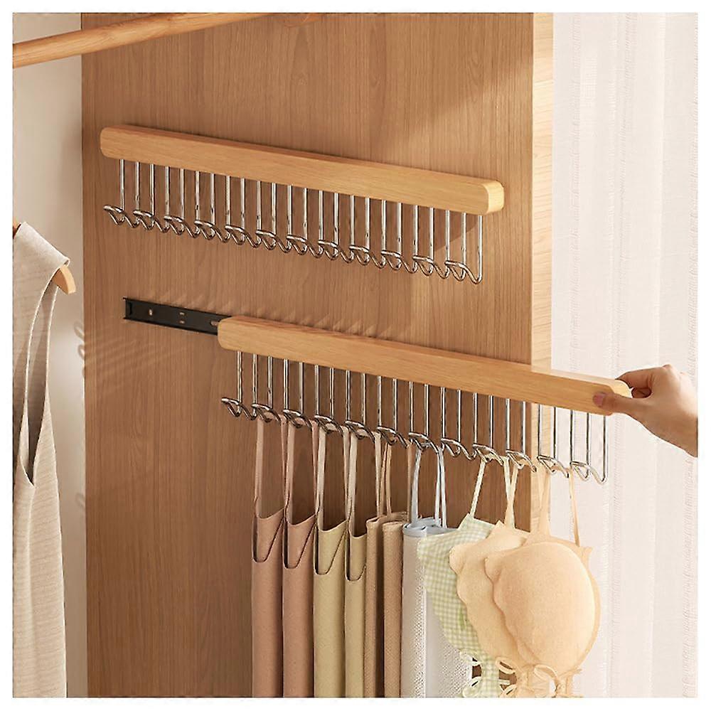 2 Pack Wooden Pull Out Belt Hanger for Closet, Space Saving Wall Mounted Coat Hooks with 12 Hooks for Tie Scarf Camisole