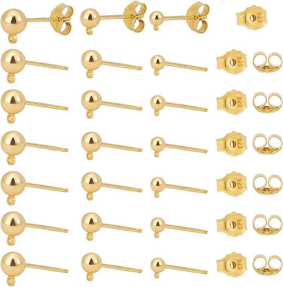 30pcs 925 Sterling Silver 18K Gold Plated Earring Making Kit - 3 Sizes Stud Earring Posts with Loop Round Ball Stud 30 Ear Nut Backs