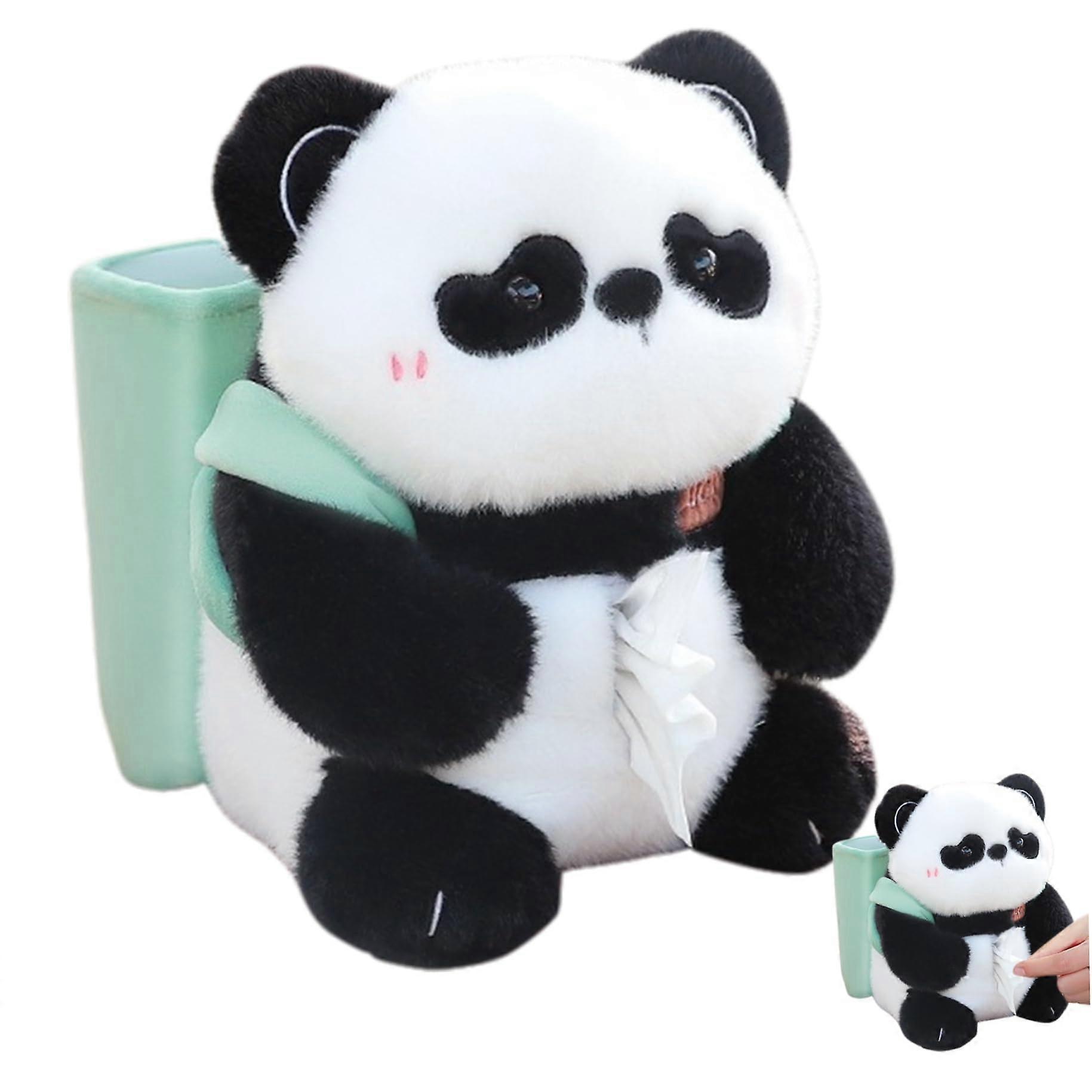 Fluffy Panda Car Tissue Box Holder and Trash Can, Plush 2 in 1 Organizer for Center Console