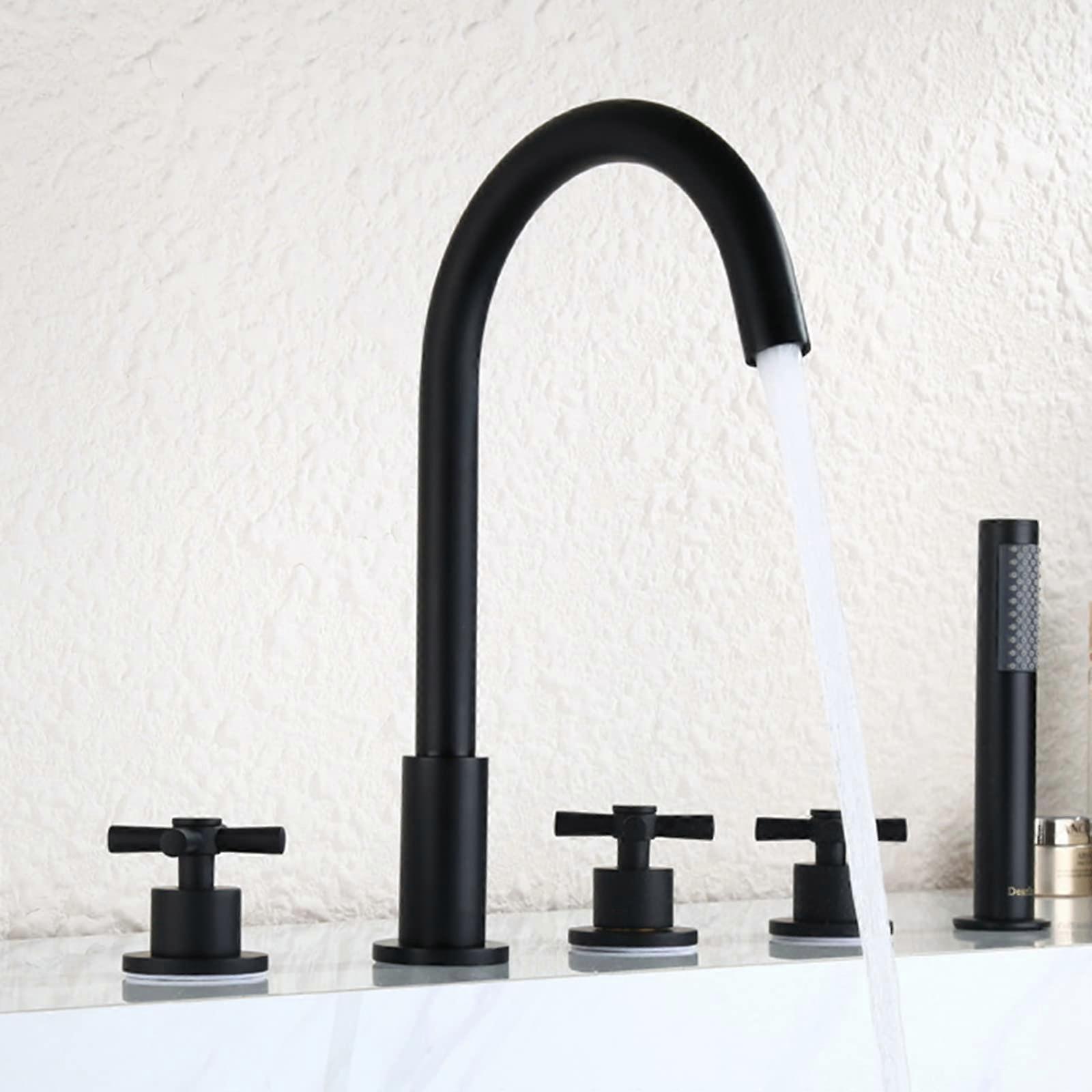 Black Brass 5 Hole Bathtub Faucet with Handheld Shower, Swivel Gooseneck, 360° Rotating Spout