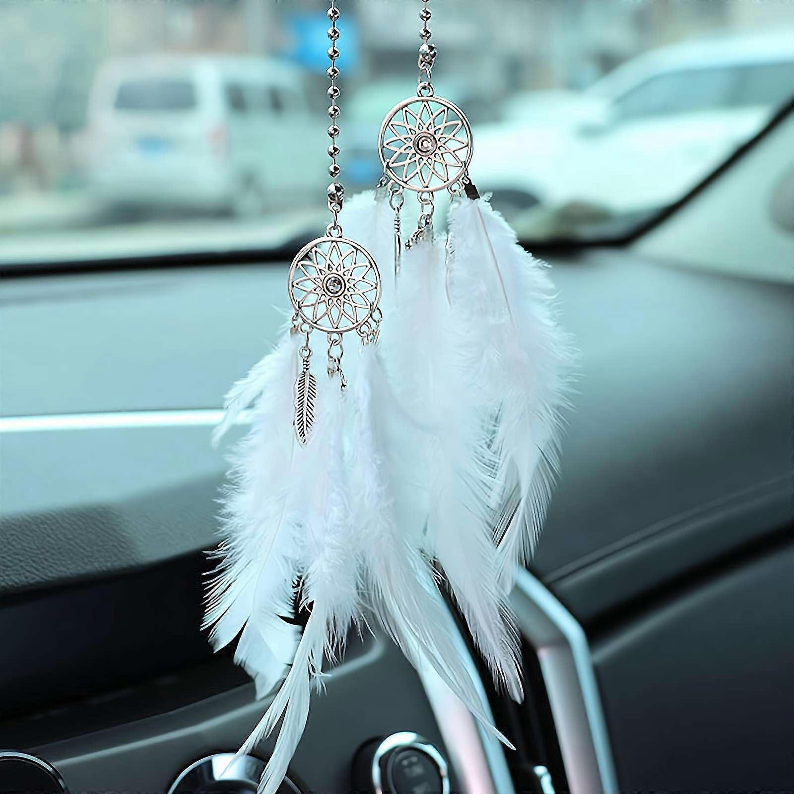 Mini Feather Dream Catcher Rearview Mirror Charm – Handmade Boho Car Hanging Decoration White