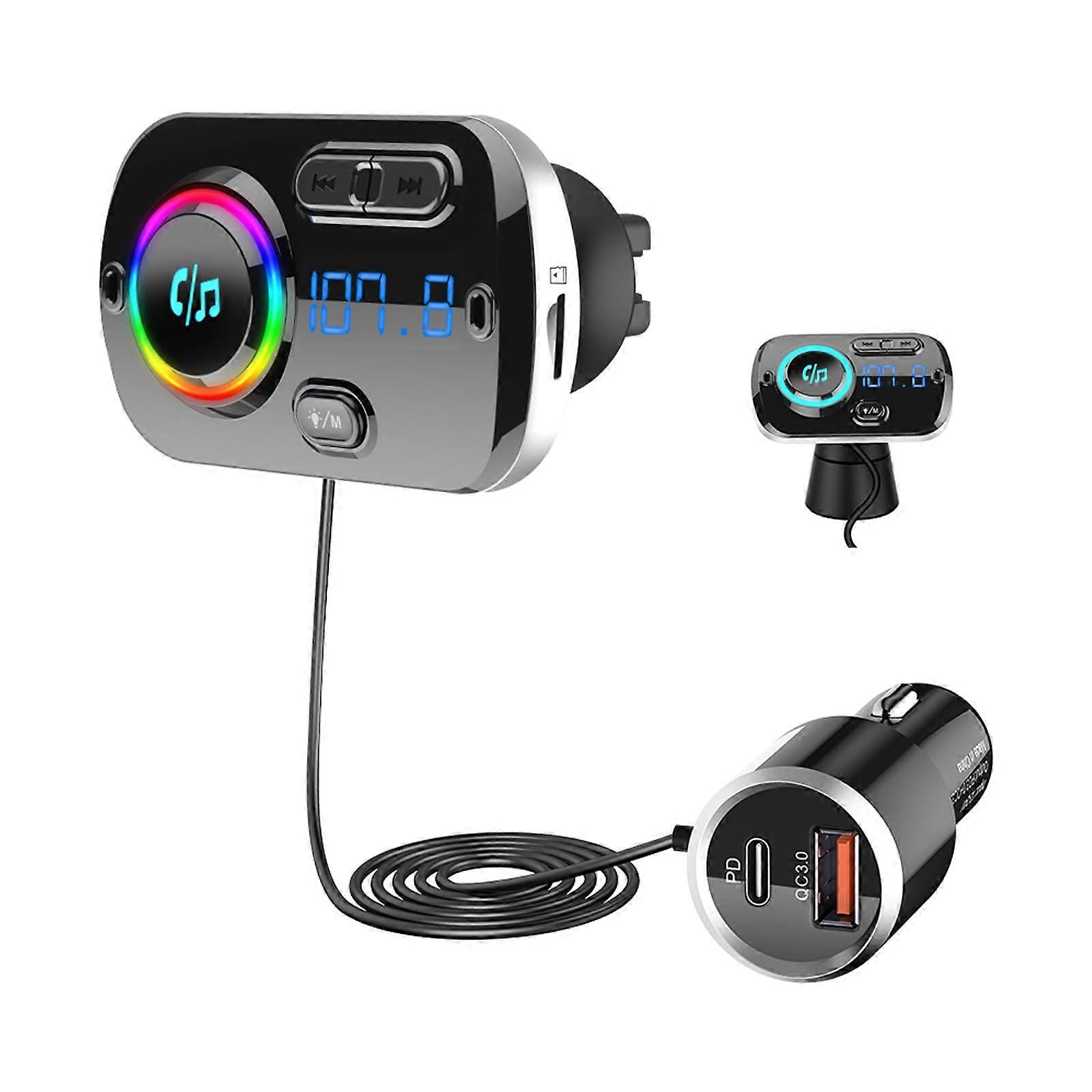 Bluetooth FM Transmitter 5.3 Car Adapter with PD3.0 QC3.0 Fast Charge Hands Call AUX TF