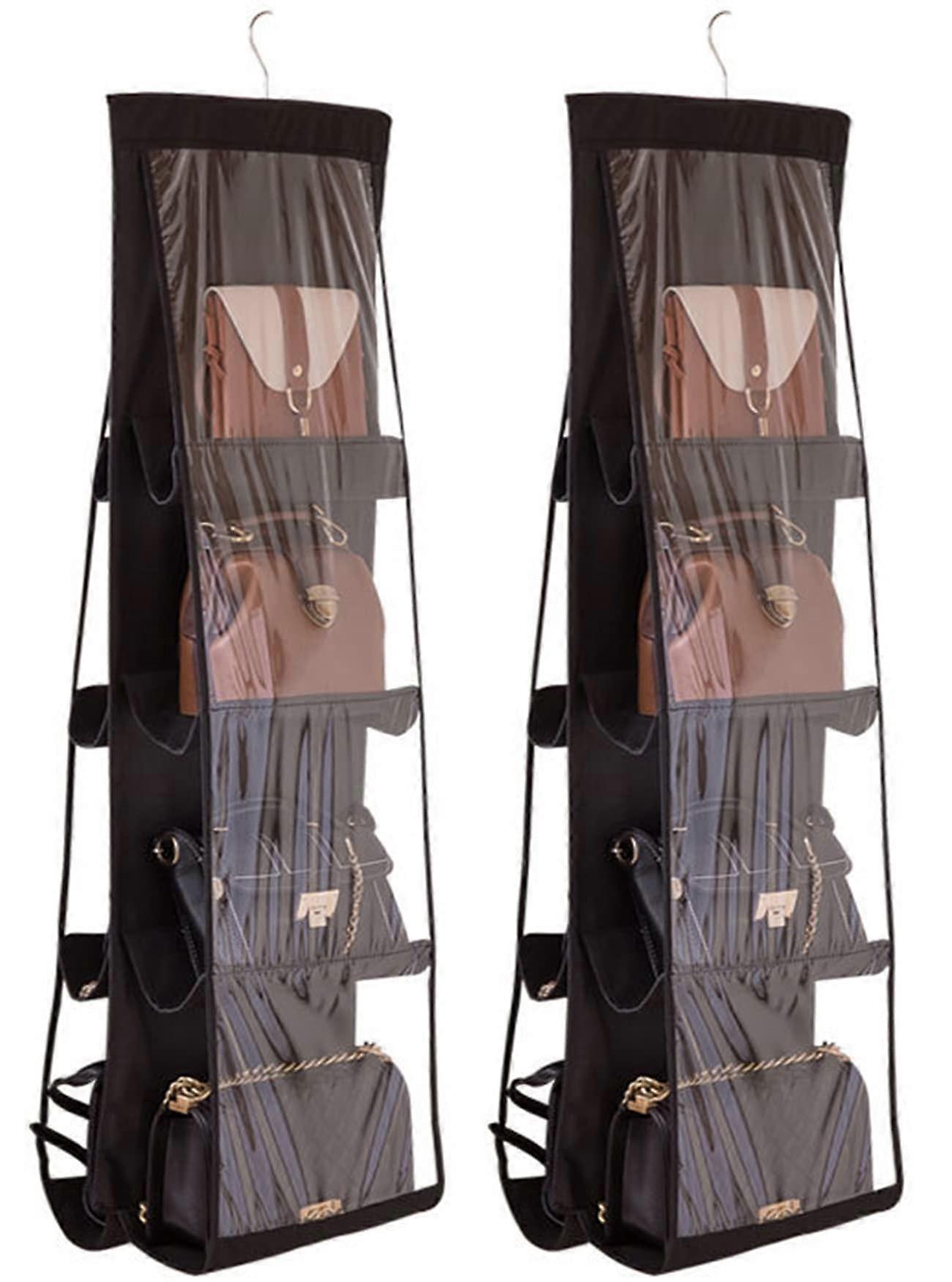 2 Pack Hanging Handbag Organizer with 8 Pockets, Closet Purse Storage Rack with 360° Rotating Hook, Black