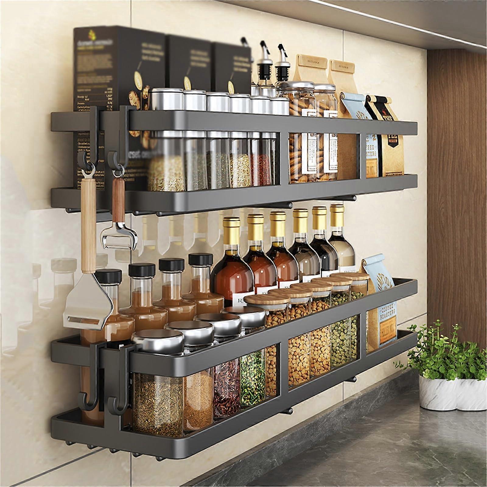 2 Tier Wall Mounted Kitchen Organizer with NoDrill Installation, Multifunctional Spice and Tableware Rack Black
