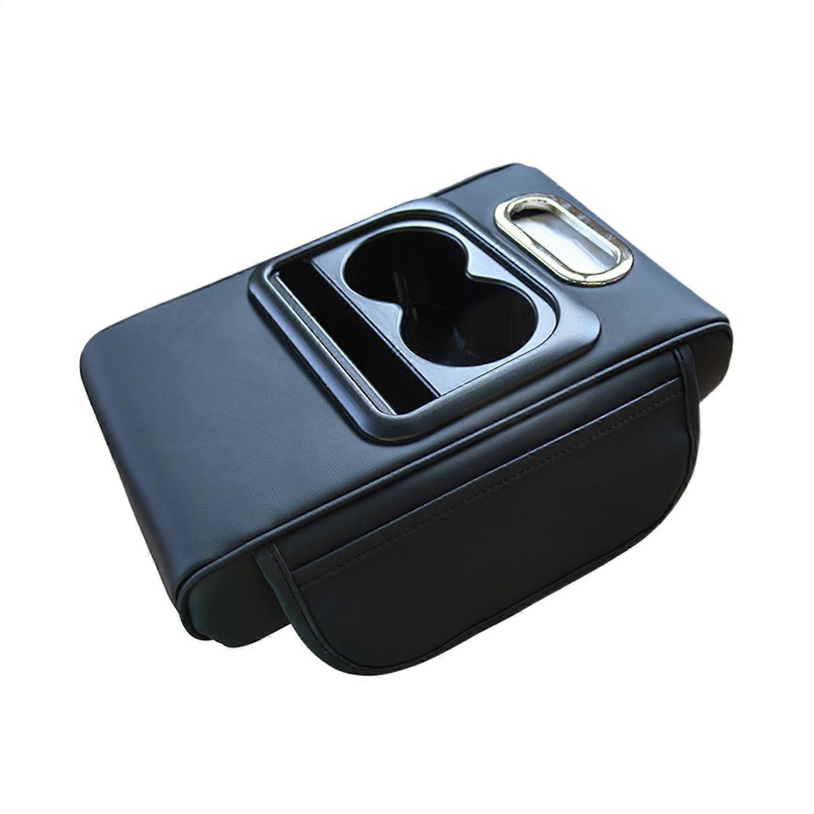 Leather Car Armrest Cushion with Storage, Ergonomic Console Organizer with Cup Holder, Black