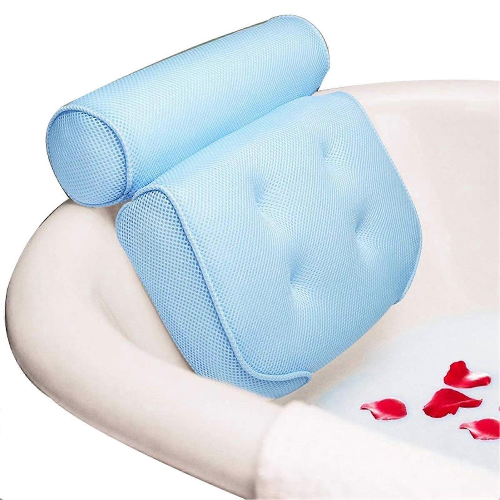 Bath Pillow with Ergonomic Neck and Head Support, QuickDry Mesh, NonSlip Suction Cups, Blue