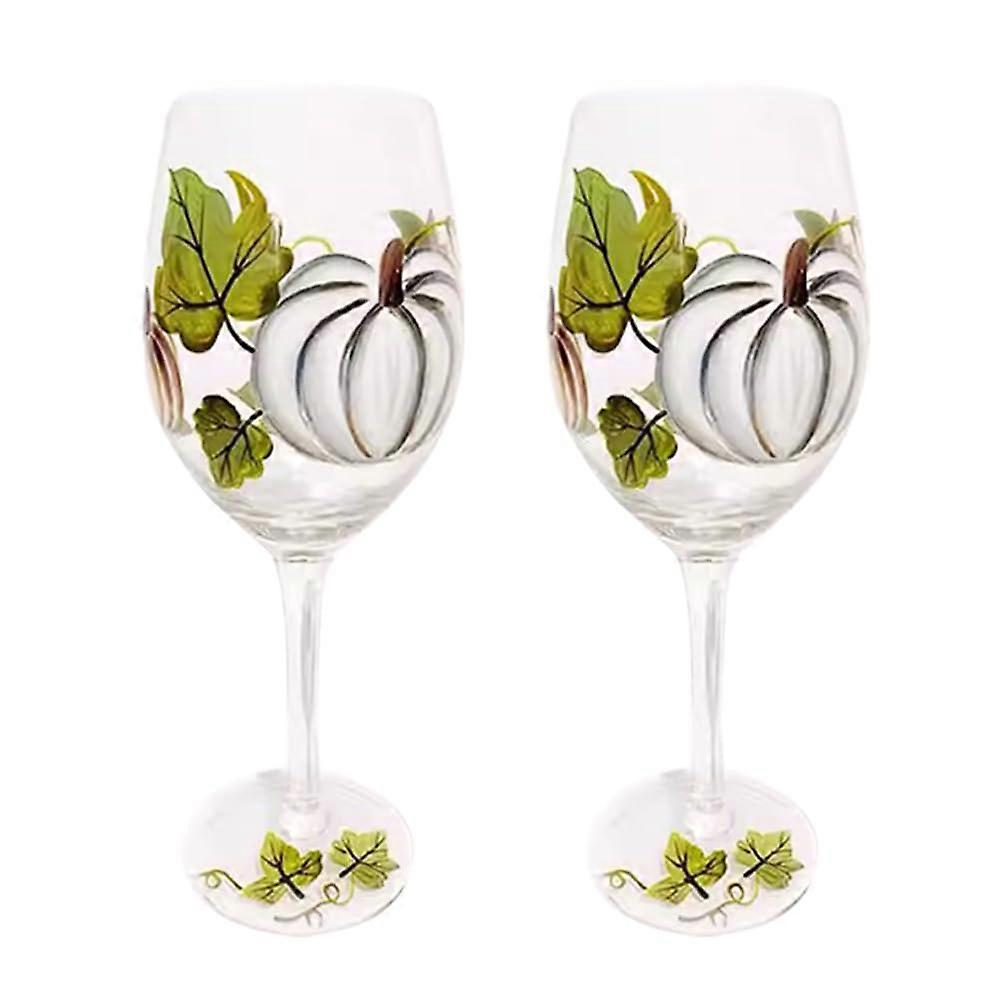 2PCS Hand Painted Pumpkin Wine Glasses with Stem Thanksgiving Fall Table Decor Goblets Gift