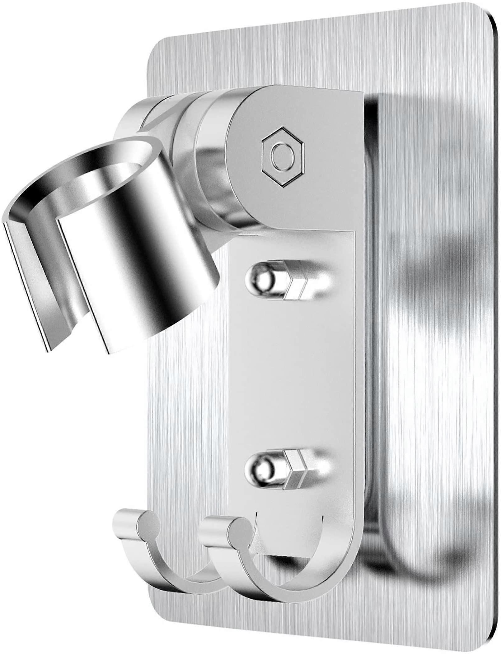 Shower Head Holder Wall Mounted NoDrill Waterproof 90° Adjustable Bracket with Dual Hooks Silver