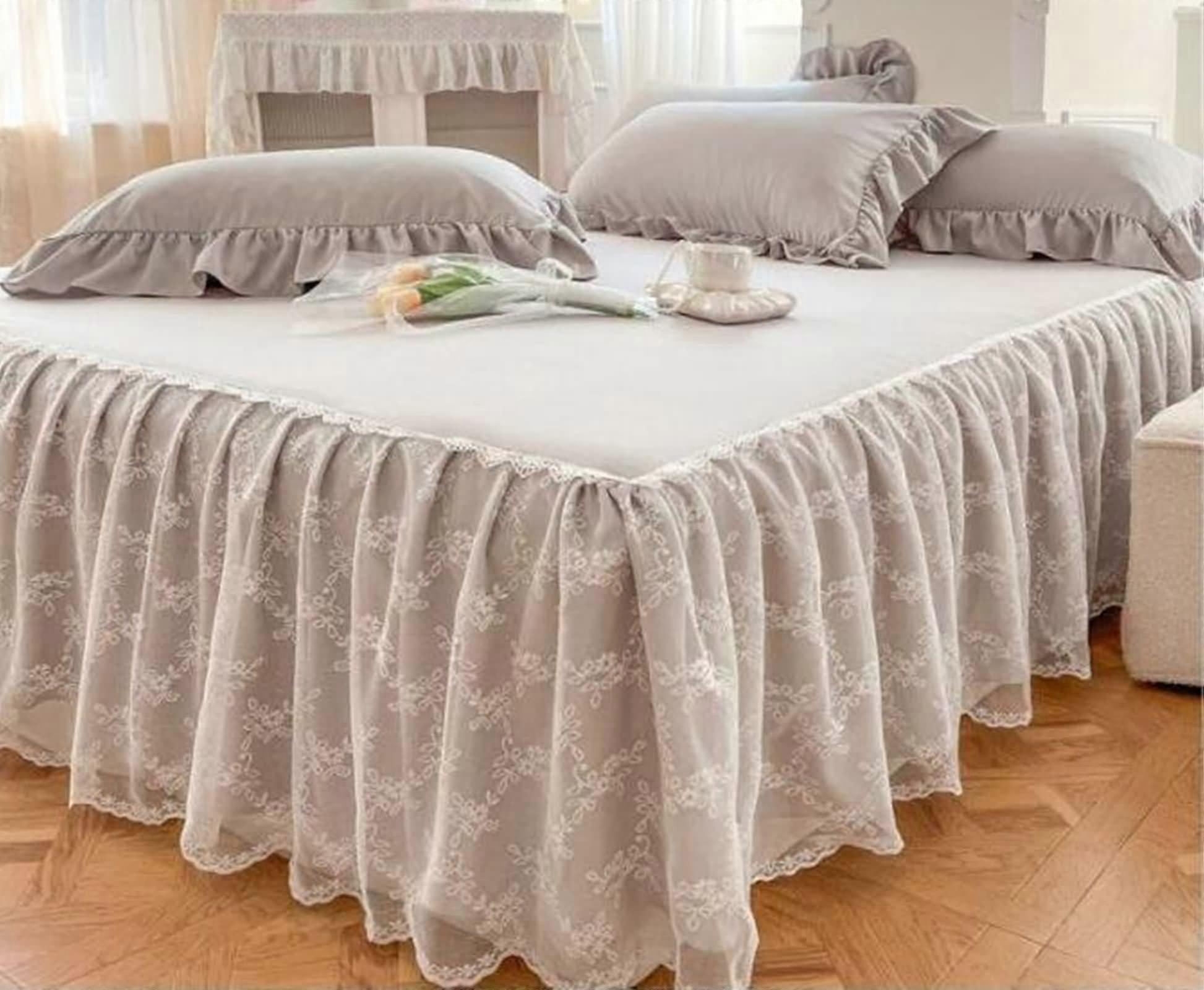 California King Grey Ruffled Lace Bed Skirt, WrinkleResistant Solid Polyester, Conceals Storage