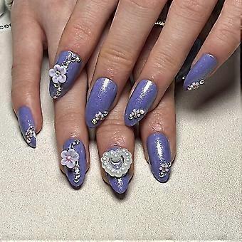 Medium Almond Press on Nails Set Purple Flower Pearl Design 24Size Natural Look Fake Nails for Women