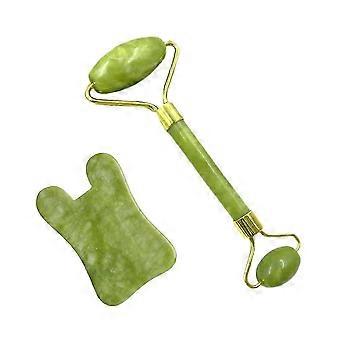 Natural Jade Crystal Facial Roller and Gua Sha Board Massager Set - 2-Piece Skincare Tool Kit