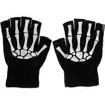 KOCOME Unisex Halvfingerhansker, Skjelettmønster Lysende i Mørket Halloween Hodeskalle Beinmønstret Strikkehansker