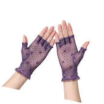 Guanti da donna estivi in ​​pizzo, senza dita, in rete con morbido bordo arricciato, ideali per la guida e le attività all'aperto quotidiane, colore viola.