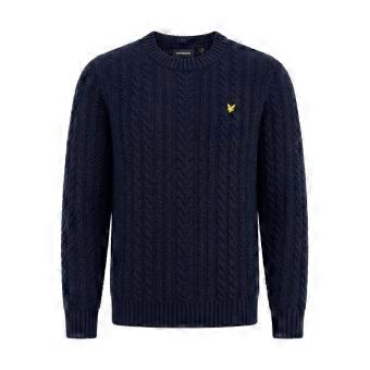 Lyle & Scott Kabelstickad Rundringad Tröja Marinblå