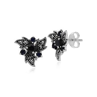 Art Nouveau Style Round Sapphire & Marcasite Floral Stud...