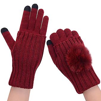 Pari naisten Pompom neulotut käsineet talviset lämpimät irrotettavat kosketusnäyttökäsineet