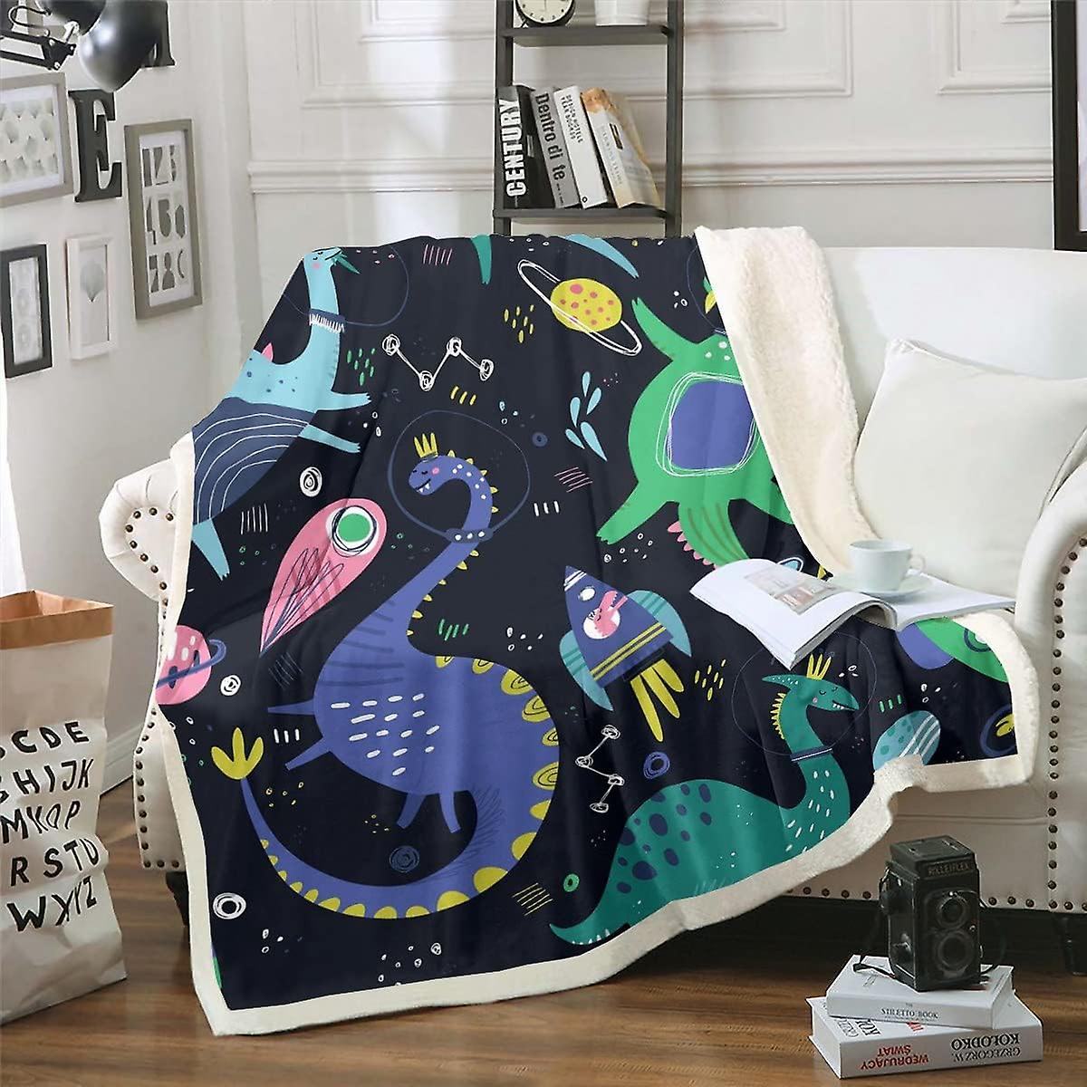 Dinosaur Sherpa Blanket Dino with Spaceship Fleece Throw Blanket for Kids Boys Girls Carton Dinosaur Plush Blanket Cute Cartoon Animal Fuzzy Blanket f