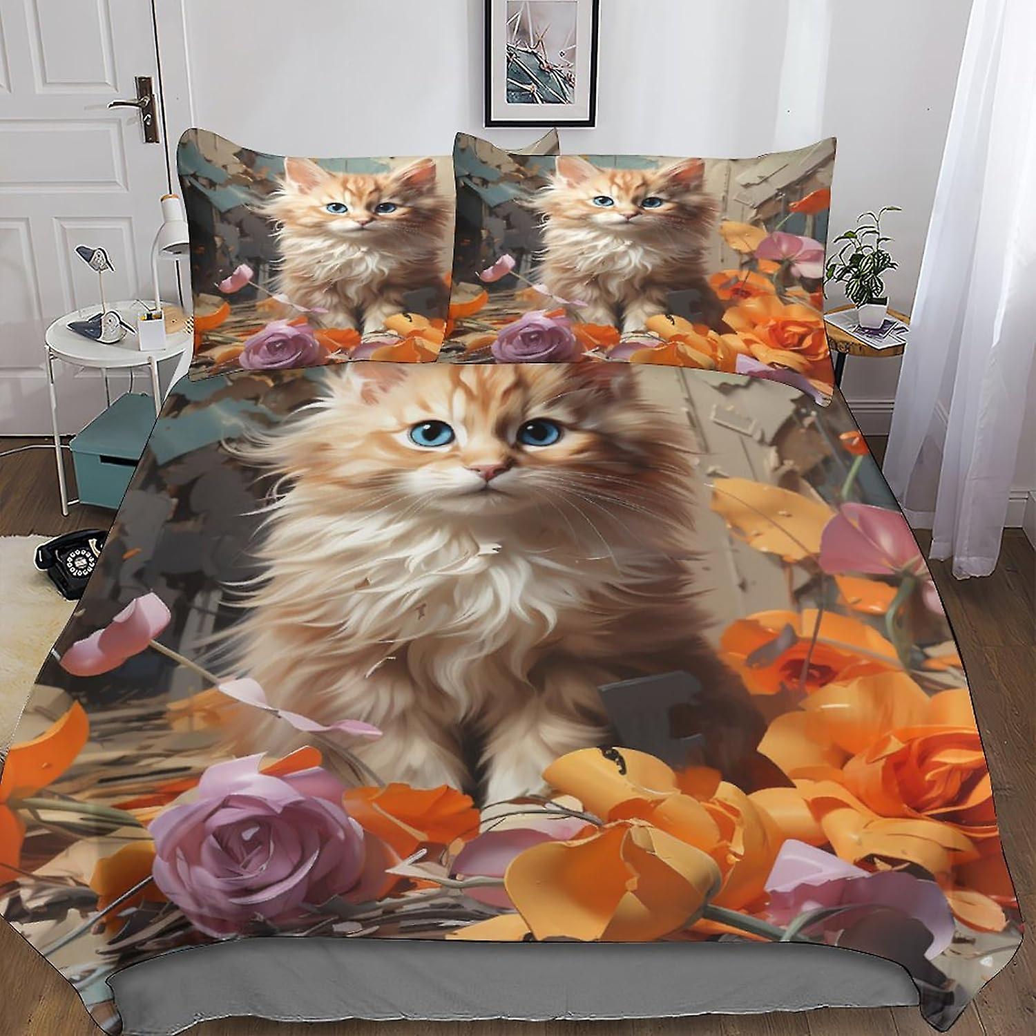 Creative Cat 3D Digital Print Bedding Sets with Pillowcase Duvet Cover Ss Soft Microfiber 3 Piece Set Animal Print Quilt Cover with Zipper Closure